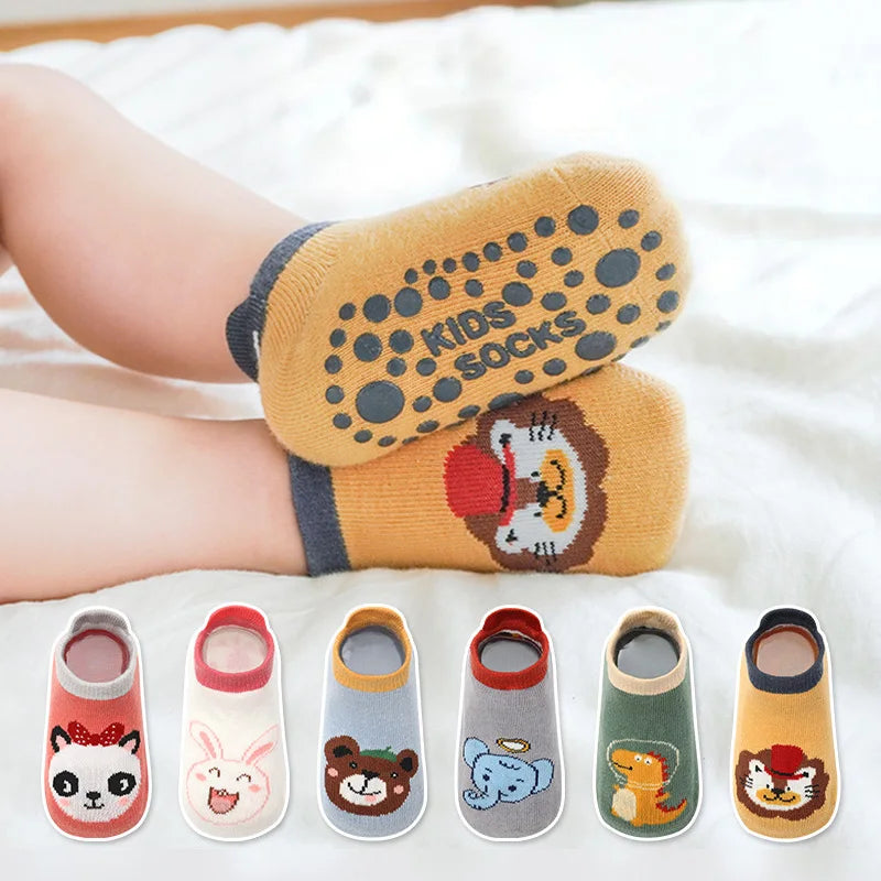 6 Pares de Calcetines Antideslizantes para Bebé y Niños – Algodón Suave, Transpirables y Cómodos – Diseño Tierno de Animales – Para Niño y Niña