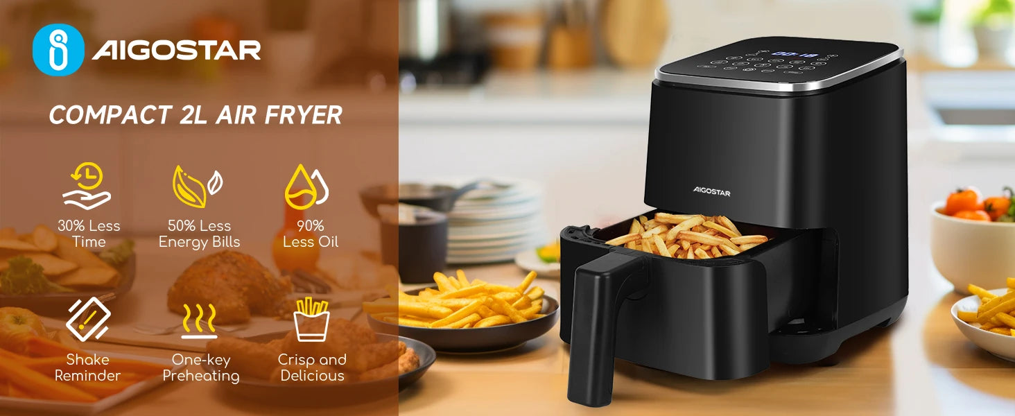 Freidora de Aire 2 Litros Aigostar – 1200W, 8 Programas, Pantalla LED Táctil, Temperatura y Tiempo Ajustables, Rejilla Antiadherente Extraíble