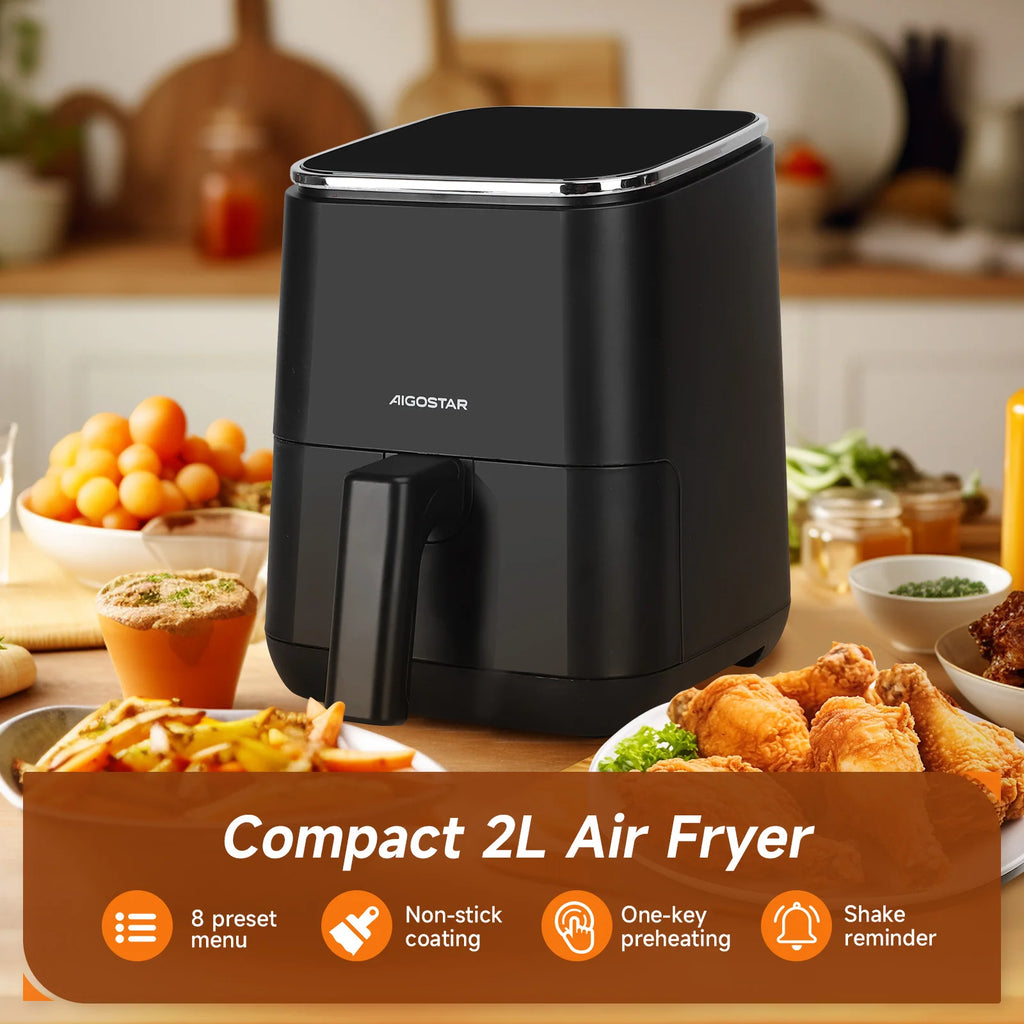 Freidora de Aire 2 Litros Aigostar – 1200W, 8 Programas, Pantalla LED Táctil, Temperatura y Tiempo Ajustables, Rejilla Antiadherente Extraíble