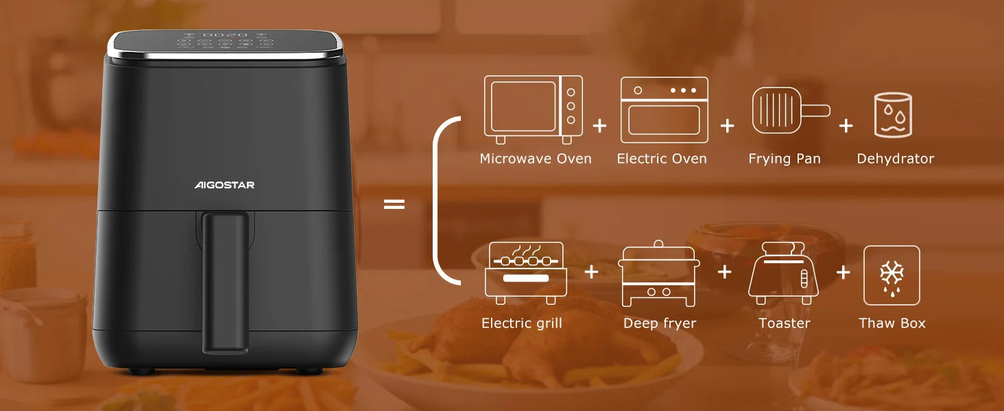 Freidora de Aire 2 Litros Aigostar – 1200W, 8 Programas, Pantalla LED Táctil, Temperatura y Tiempo Ajustables, Rejilla Antiadherente Extraíble