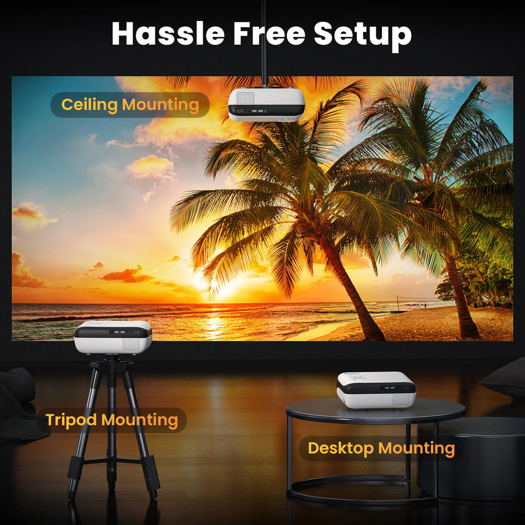 Proyector 4K Full HD Hopvision 9500 Lúmenes con Bluetooth 5.1, Zoom 25%, Altavoces Integrados y Pantalla hasta 200” – Cine en Casa y Exterior