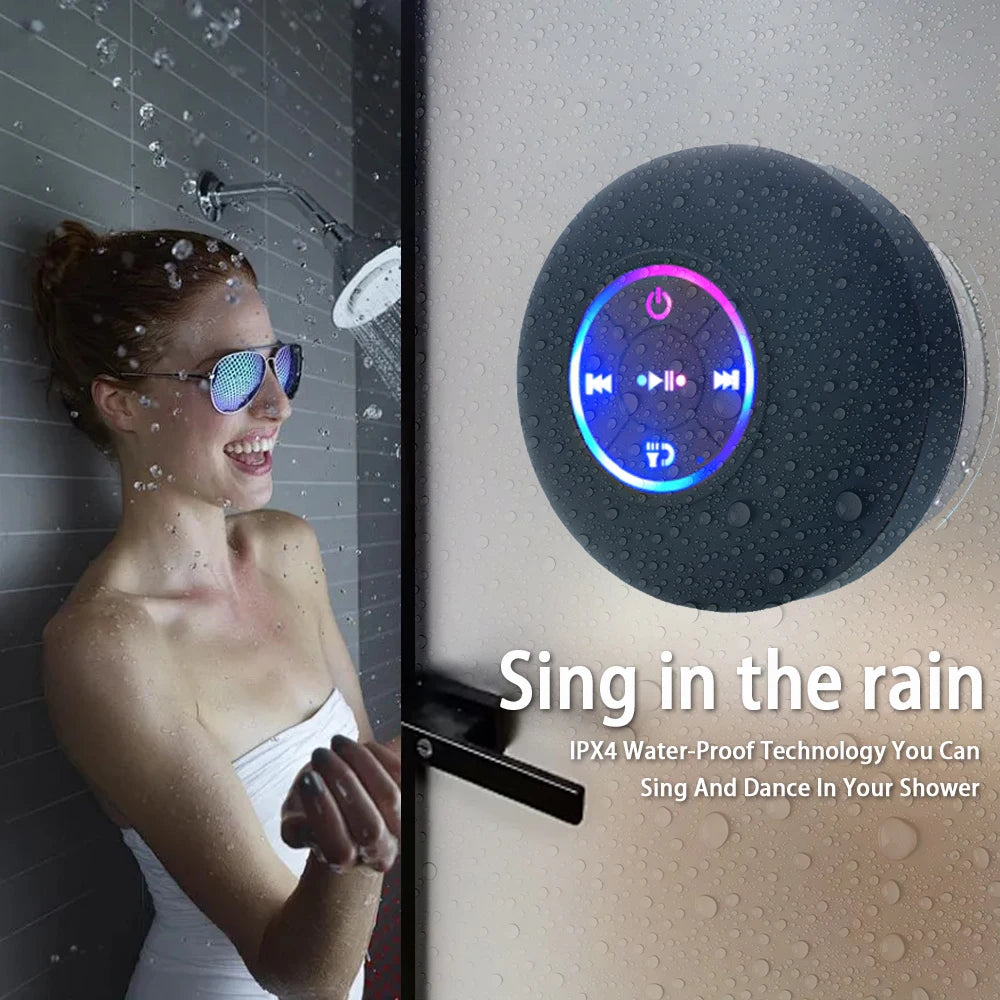 Altavoz Bluetooth Portátil Inalámbrico con LED – Resistente al Agua IPX4, Sonido Estéreo, Mini Bocina con Ventosa para Baño, Cocina y Exterior