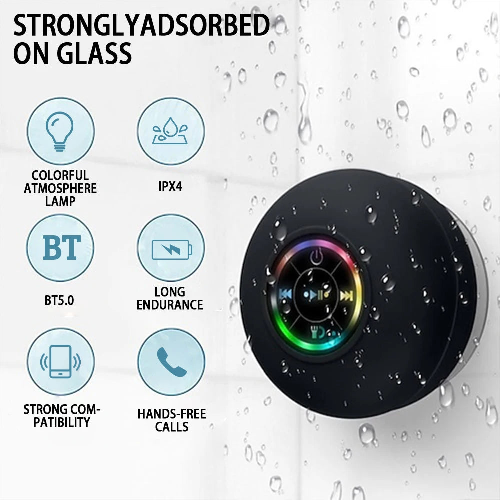 Altavoz Bluetooth Portátil Inalámbrico con LED – Resistente al Agua IPX4, Sonido Estéreo, Mini Bocina con Ventosa para Baño, Cocina y Exterior