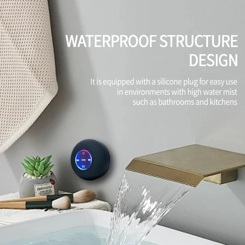 Altavoz Bluetooth Portátil Inalámbrico con LED – Resistente al Agua IPX4, Sonido Estéreo, Mini Bocina con Ventosa para Baño, Cocina y Exterior